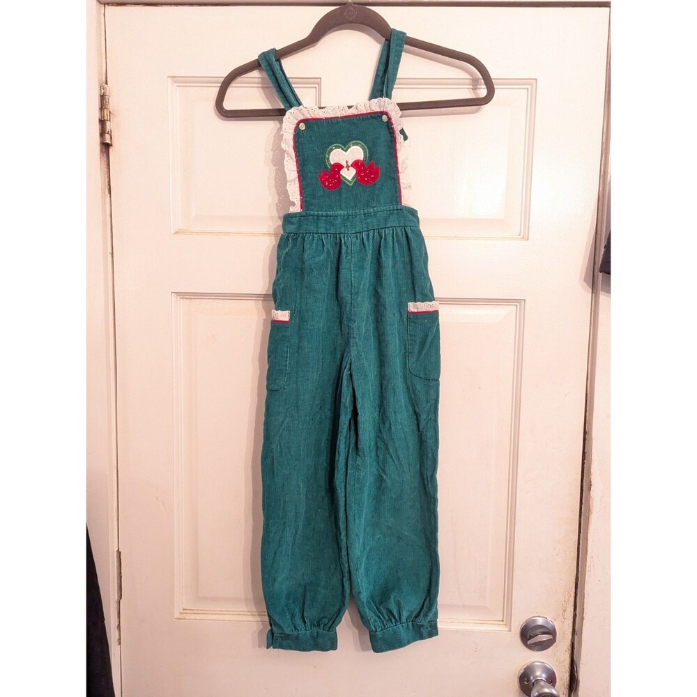 VTG Bryan & Co Green Corduroy Overalls Eyelet Lace Heart Birds Applique Size...